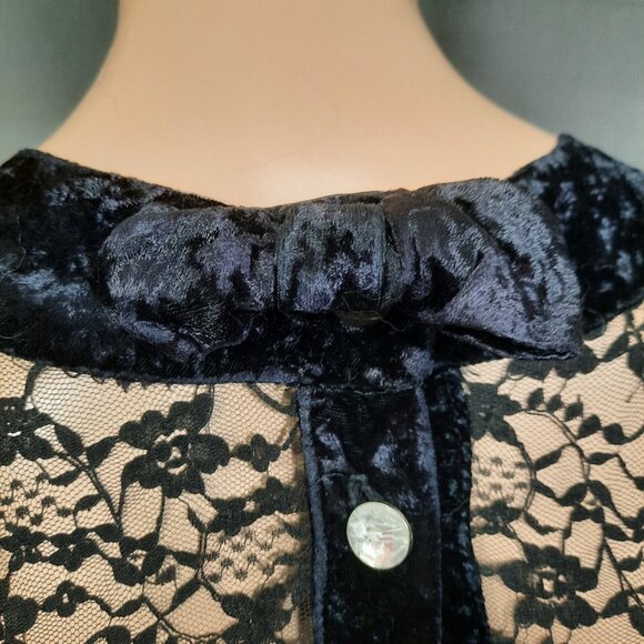 Vintage 80s Black Crushed Velvet Mini Dress XS Party Prom Sleeveless Lace Bows - Picture 7 of 10